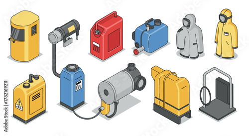Industrial equipment and safety gear in isometric design