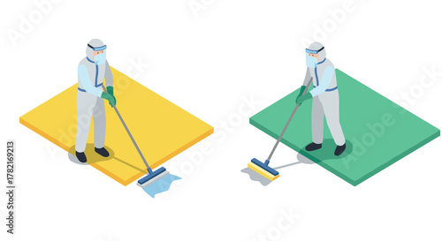 Healthcare workers in ppe cleaning floors isometric design