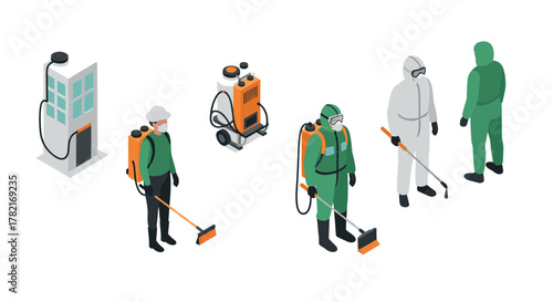 Isometric workers in protective gear handling disinfection equipment