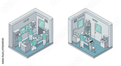 Modern hospital rooms in isometric design featuring medical staff and equipment