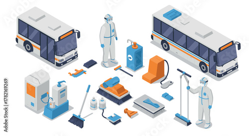 Isometric bus cleaning toolkit with hazmat suited workers and sanitation equipment