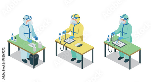 Isometric scientists in ppe conducting laboratory experiments