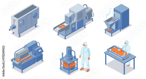 Isometric food processing equipment set with workers and machines