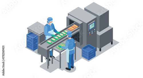 Isometric factory workers operating automated food production line