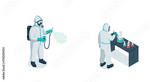 Isometric scientists in hazmat suits conducting laboratory experiments with chemicals