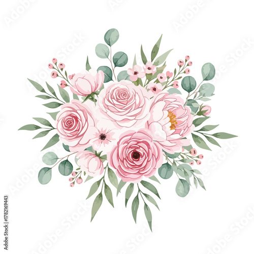 Minimalist Floral Vector Illustration for Wedding and Greeting Card Design Featuring Pink Roses and Green Eucalyptus in Organic Style