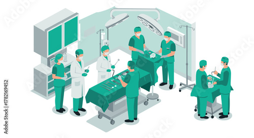 Isometric hospital surgery team performing medical procedures in operating room