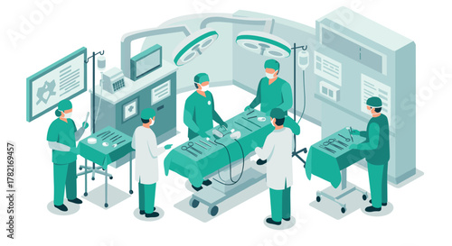 Medical team in surgical room performing operation with precision and care in isometric style