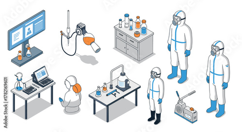 “isometric laboratory scene with scientists in hazmat suits and equipment”