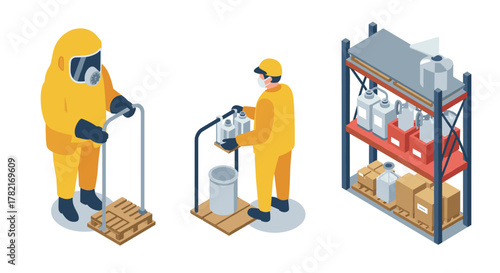 Isometric industrial safety workers handling hazardous materials in protective gear