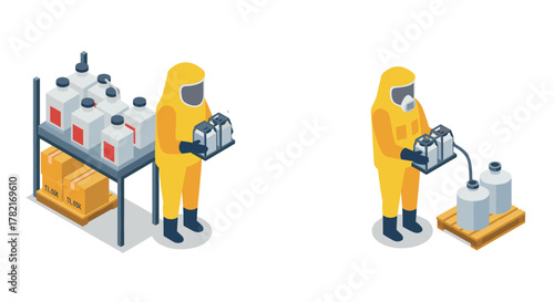 Isometric workers in protective suits handling chemical containers safely