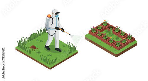 Isometric farmer spraying pesticide on crops modern agriculture and pest control