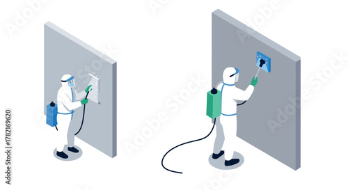 Professional pest control workers spraying chemicals on concrete walls in isometric design