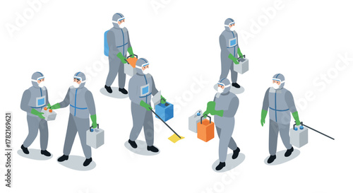 Isometric workers in protective gear and equipment for hazardous material handling