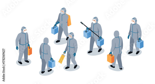 Diverse team in protective suits carrying equipment in isometric design