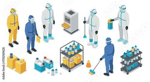 Isometric cleaning and safety equipment workers in protective gear