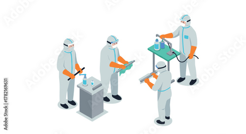Medical team in protective gear disinfecting and sanitizing laboratory equipment in isometric design