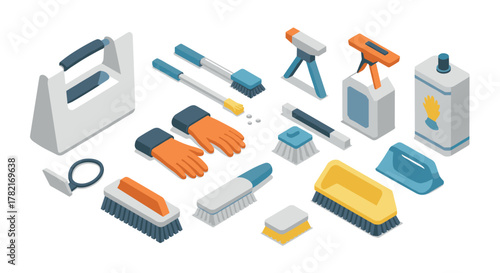 Isometric cleaning tools set with brushes, spray bottles, and gloves on white background