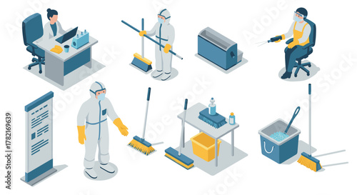 Isometric sanitization team in ppe cleaning environment with equipment