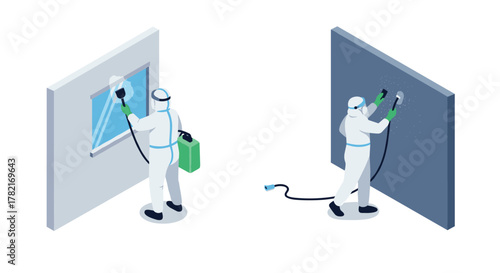 Isometric pest control scene with workers in protective gear spraying indoors