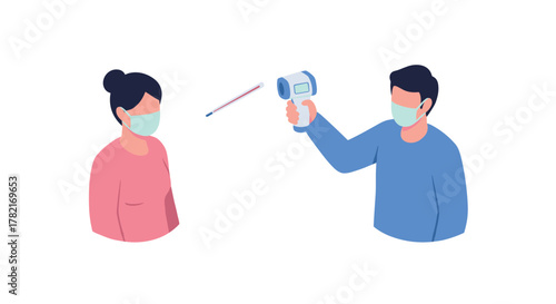 People using infrared thermometer for temperature check during health screening