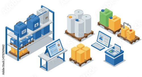 Modern isometric factory equipment with tanks and control panels in warehouse setting