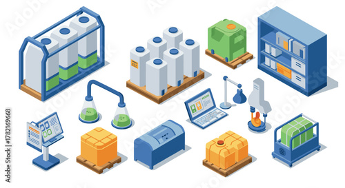 Isometric laboratory equipment and devices in modern industrial design