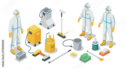 Isometric cleaning equipment and workers in protective gear