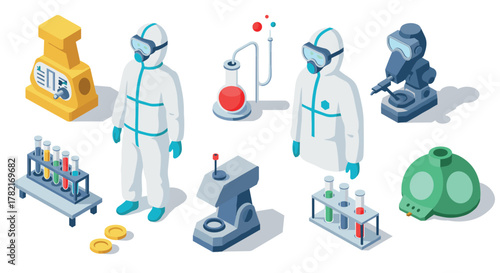 Isometric scientists with protective gear and laboratory equipment in cleanroom environment