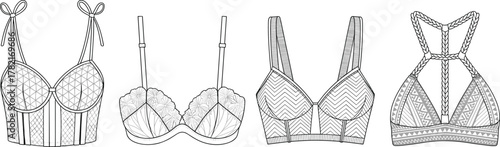 Stylish lingerie bra technical sketches with lace patterns, modern women underwear design illustration, detailed fashion line art, intimate apparel concept