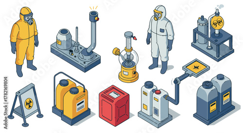 Isometric laboratory equipment with protective suits and hazard symbols for chemical safety