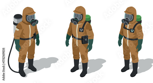 Hazard suit isometric art with gas mask and gear for safety concepts