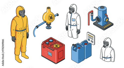 Isometric hazmat equipment collection safety gear and industrial devices