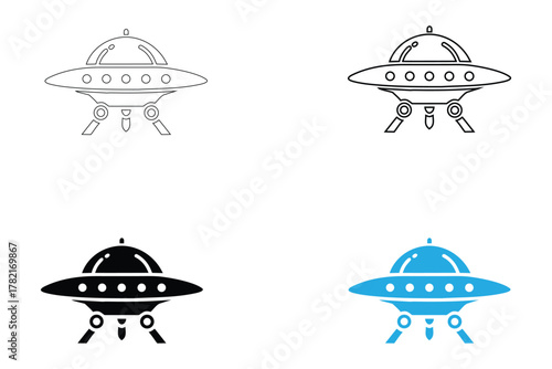 Flying saucer or ufo spaceship vector icon, Alien Spaceship vector, silhouette and line art