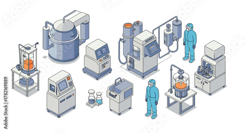 Isometric industrial laboratory equipment scene with scientists in protective gear