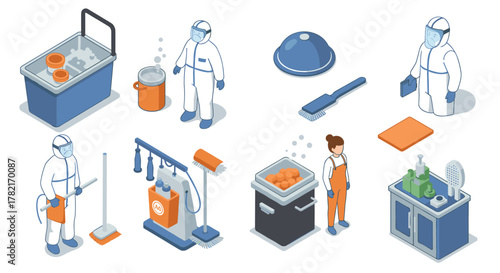 Isometric cleanroom equipment and workers in protective gear for laboratory safety
