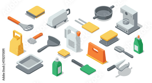 Isometric kitchen cleaning tools collection in modern design