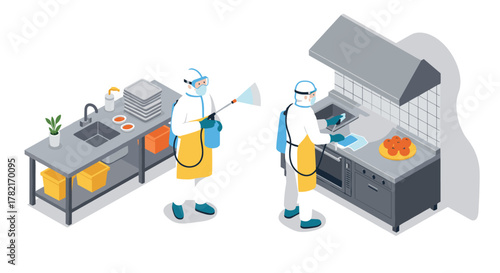 Isometric kitchen sanitation workers cleaning and disinfecting with protective gear