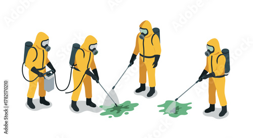 Hazardous waste cleanup team in protective gear engaging in environmental safety