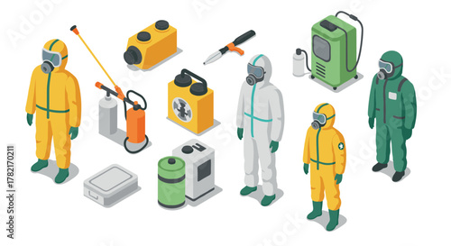 Isometric hazmat suit and safety equipment collection for industrial use