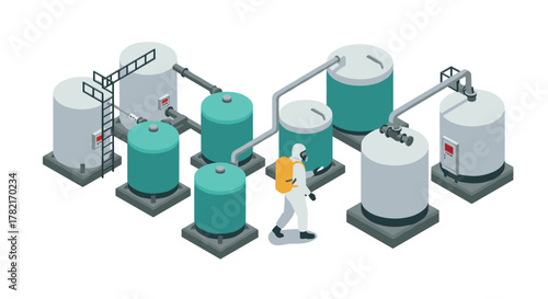 Isometric industrial plant with worker in protective suit exploring large tanks