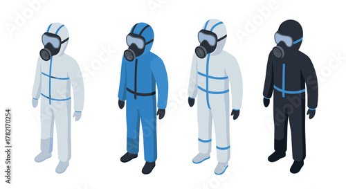 Isometric hazmat suits with respirators in various colors and designs for safety