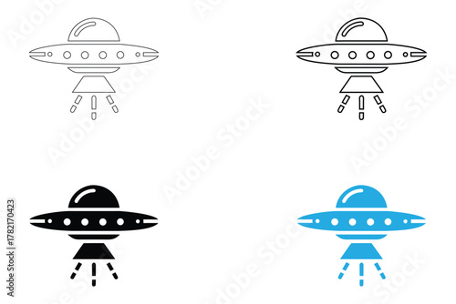 Flying saucer or ufo spaceship vector icon, Alien Spaceship vector, silhouette and line art