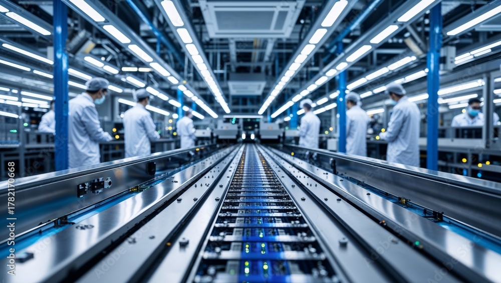 Fototapeta premium Modern electronics factory assembly line with workers in protective clothing