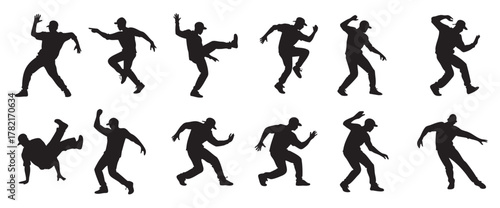 Black silhouettes of dancing men in energetic poses, isolated on white background, graphic illustration. concept of dance, movement, fun, design element, icon, breakdance, hip hop