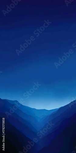 Minimalist blue mountain landscape at dusk, perfect wallpaper background with smooth purple-blue gradients, serene digital screen design, calming abstract scenery for phones and desktops