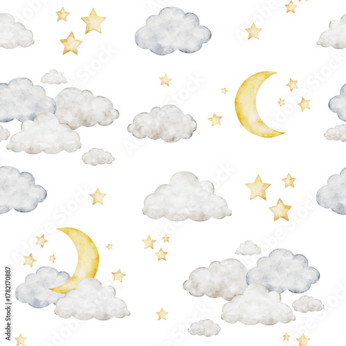 Crescent moon, clouds and stars. Cute seamless pattern. Watercolor Isolated weather baby illustration. Children's celestial background for kids goods,linen, pajamas and children's room