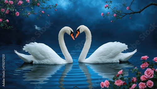 Fototapeta Naklejka Na Ścianę i Meble -  Two white swans gliding on a lake, harmonious setting for romance