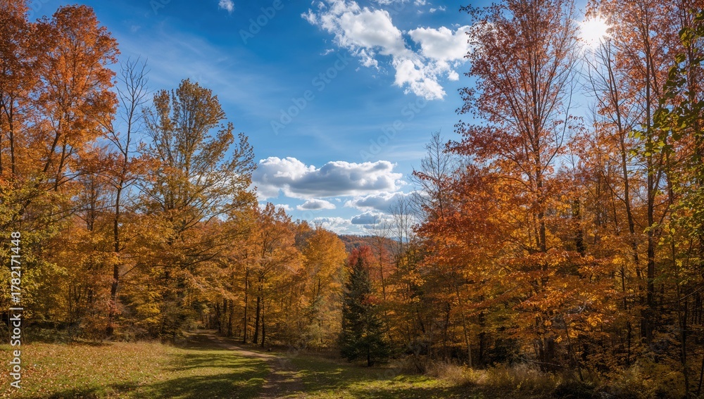 Fototapeta premium Autumn trees with fallen leaves, showcasing seasonal change