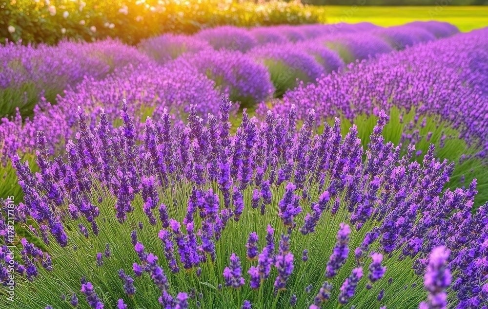 Obraz premium Vibrant purple lavender fields bathed in warm golden sunlight creating a serene and peaceful atmosphere with rows of blooming flowers stretching into the distance